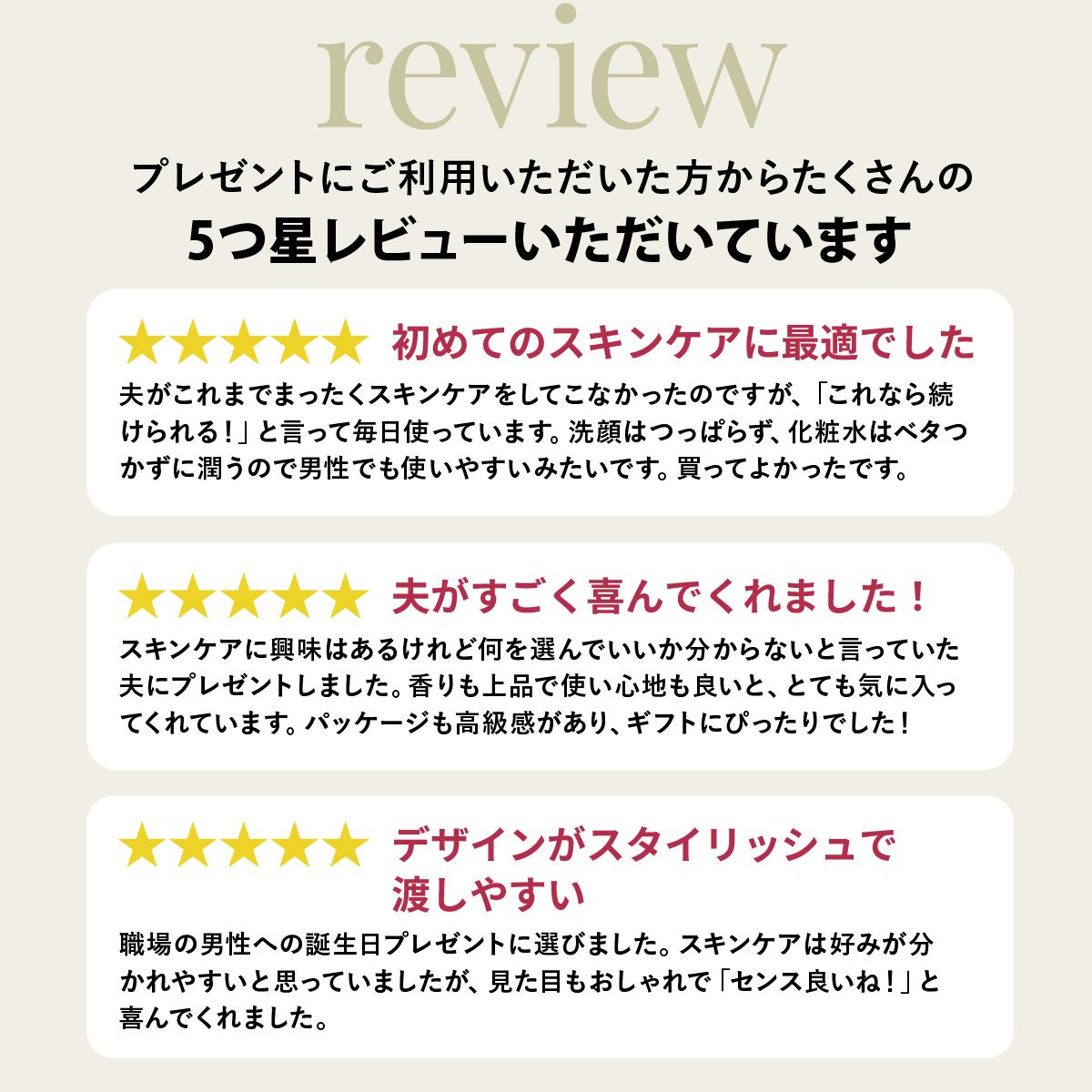 プレゼントにご利用いただいた方からたくさんの5つ星レビューいただいています。★★★★★初めてのスキンケアに最適でした。夫がこれまでまったくスキンケアをしてこなかったのですが、「これなら続けられる！」と言って毎日使っています。洗顔はつっぱらず、化粧水はベタつかずに潤うので男性でも使いやすいみたいです。買ってよかったです。★★★★★夫がすごく喜んでくれました。スキンケアに興味はあるけれど何を選んでいいか分からないと言っていた夫にプレゼントしました。香りも上品で使い心地も良いと、とても気に入ってくれています。パッケージも高級感があり、ギフトにぴったりでした！★★★★★デザインがスタイリッシュで渡しやすい職場の男性への誕生日プレゼントに選びました。スキンケアは好みが分かれやすいと思っていましたが、見た目もおしゃれで「センス良いね！」と喜んでくれました。